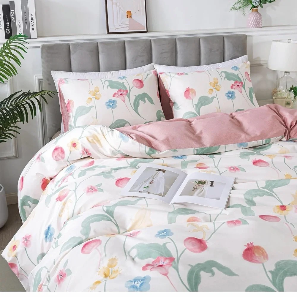 💯 COTTON Floral Garden Cotton Duvet Cover Set in Pink and Green